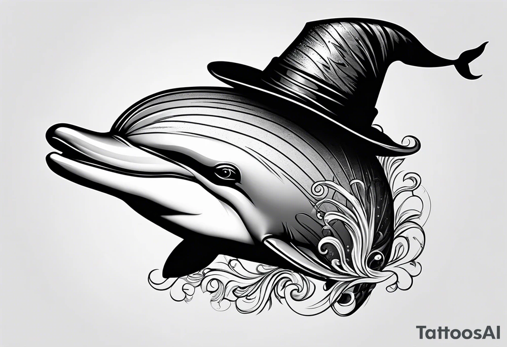 One dolphin wearing one party hat on top . Side view. Dolphin should be smiling. tattoo idea