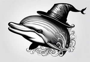 One dolphin wearing one party hat on top . Side view. Dolphin should be smiling. tattoo idea