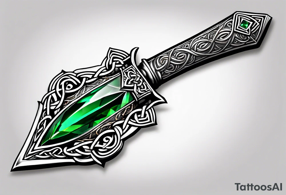 A Celtic dagger with an oak hilt turned upright and emerald gemstones on it tattoo idea