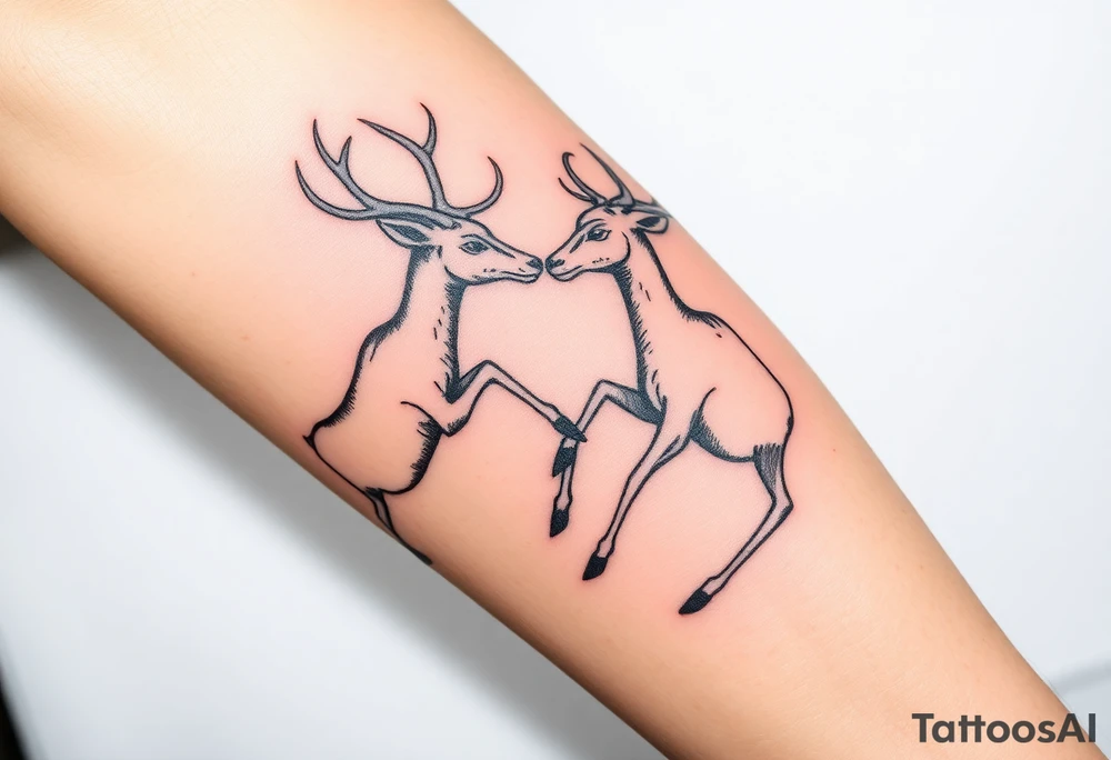 Two deer fighting with in a low down stance make it look like they are stuck together tattoo idea