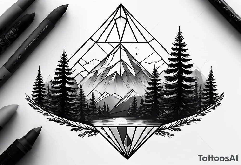a forest along the edges with mountains below and in the distance with full trees and a diamond in the middle tattoo idea