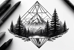 a forest along the edges with mountains below and in the distance with full trees and a diamond in the middle tattoo idea