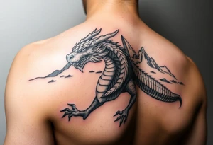 powerfull dacian draco wih mountain Paring Petrosani in the background tattoo idea