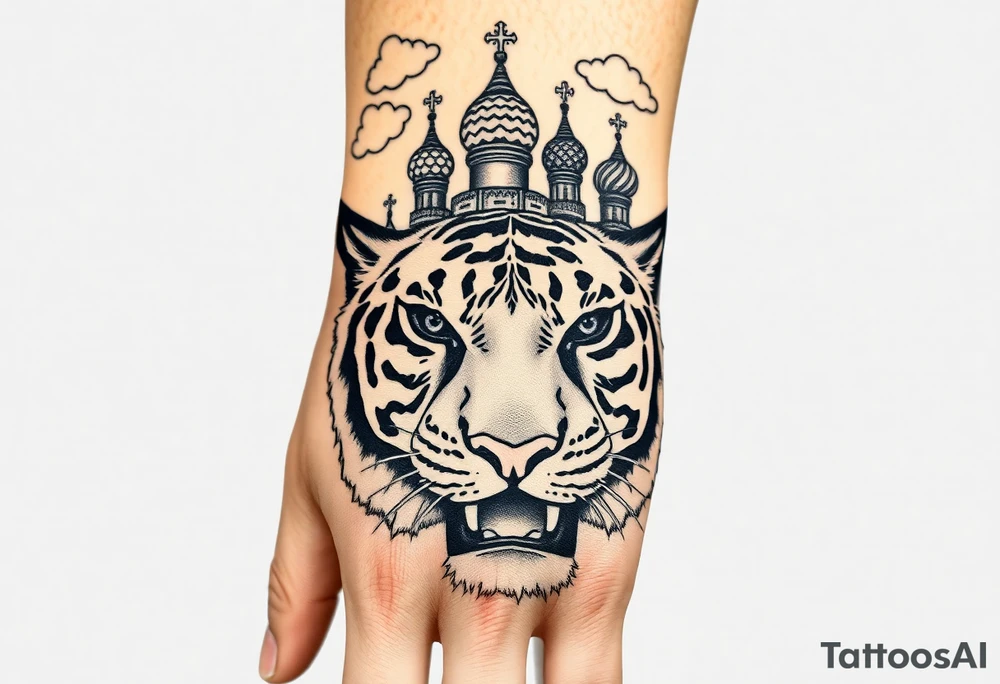 Realistic tiger face on the back of the hand with strong contrast and fine detail with hollow black eyes. with a highly detailed Russian Orthodox cathedral sitting above on fore arm with onion domes and orthodox crosses, done in fine line, engraving-like style. Cohesive composition, black ink only, no color, high contrast, slightly aged, documentary-style, plain light background. with clouds above and a virgin mary tattoo idea