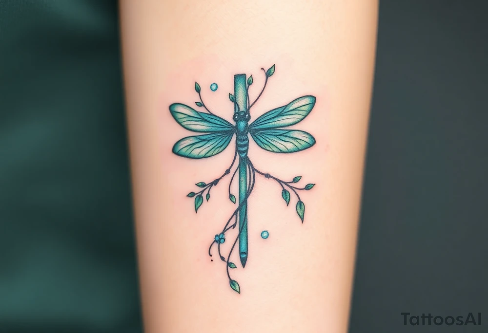 A cross made of twisting vines and flowers, with dragonfly-like wings in shades of teal and green tattoo idea