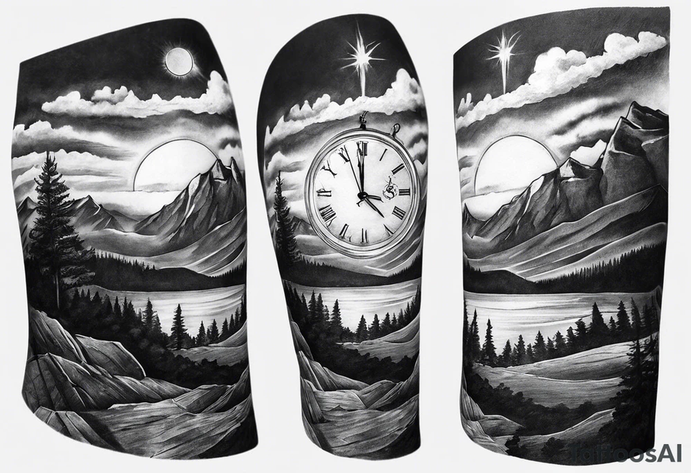 Half sleeve. View from the base of the mountains looking up to the sun. The sun is a clock that reads 12:01 to signify a new day. I want a clock tower in the middle of the mountains with the times my two sons were born. This tattoo represents overcoming massive obstacles and becoming a better person. tattoo idea