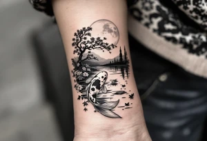 a koi fish swimming UPstream in a pond moonlight by the full moon with a sakura tree by the pond tattoo idea