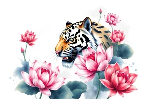 fierce tiger emerging through blooming lotus flowers in mist tattoo idea