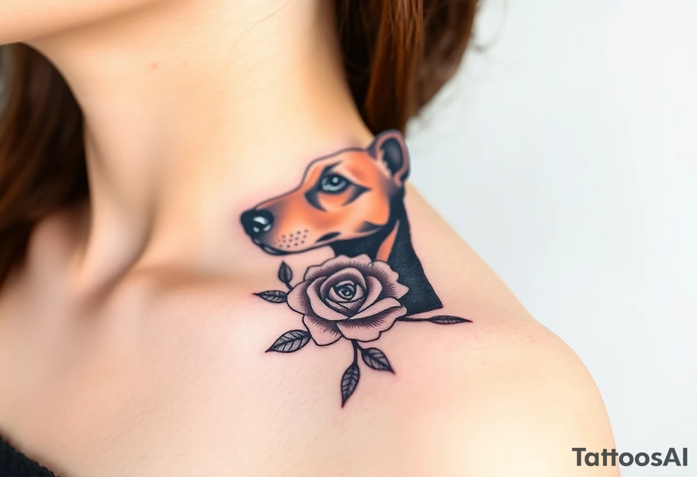 female  hound dog mix Brindle dog with the name kiwi . And a tiny rose around her . With her ears pointy a little big tattoo idea