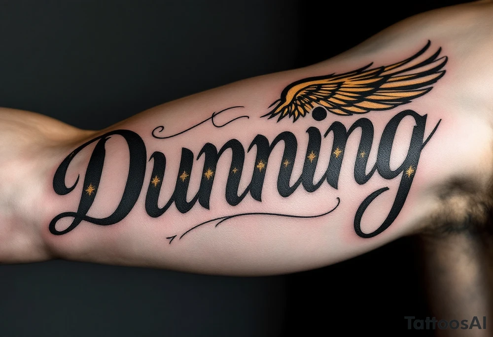 Dunning, left arm details include bold strong font, gold highlights, theme of wealth and angel wings, tattoo idea