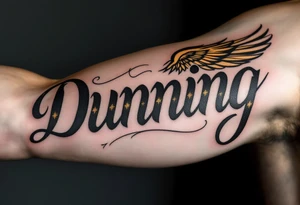 Dunning, left arm details include bold strong font, gold highlights, theme of wealth and angel wings, tattoo idea