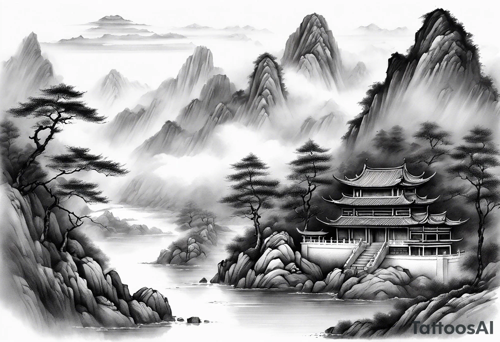 forearm sleeve traditional chinese art painting style autumn mountains mist fog water Chinese temple 2 philosophers wearing robes seated drinking tea far away in the distance tattoo idea