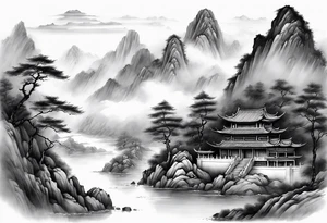 forearm sleeve traditional chinese art painting style autumn mountains mist fog water Chinese temple 2 philosophers wearing robes seated drinking tea far away in the distance tattoo idea