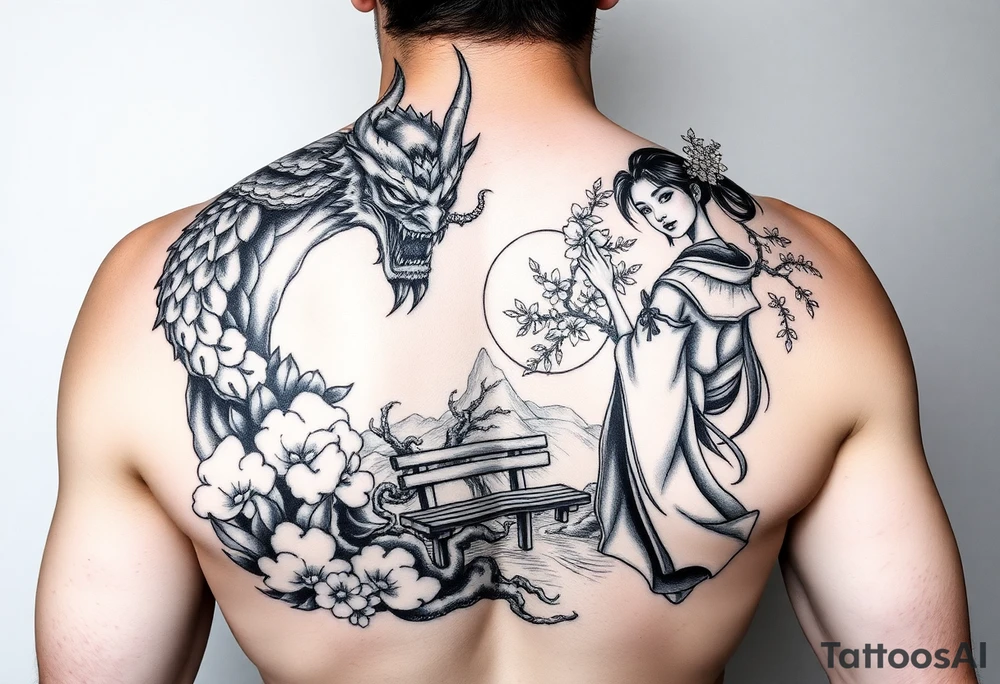 Fierce Japanese demon and geisha with cherry blossom tree river and stone bench tattoo idea