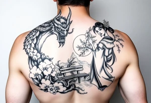 Fierce Japanese demon and geisha with cherry blossom tree river and stone bench tattoo idea