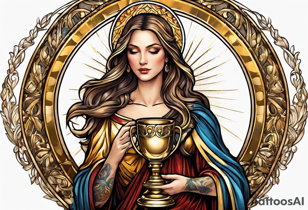 woman saint holding chalice surrounded by golden halo sideways tattoo idea