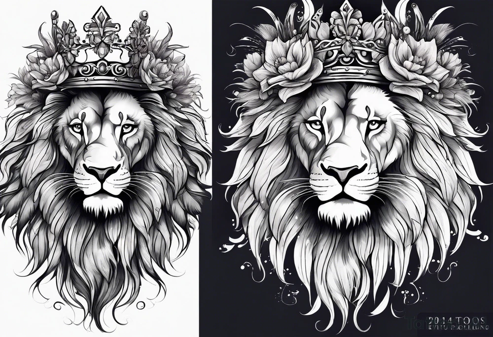 lion mane made of feathers covered in lilies and butterflies crown tattoo idea
