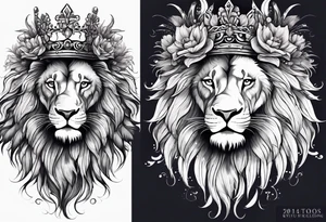 lion mane made of feathers covered in lilies and butterflies crown tattoo idea