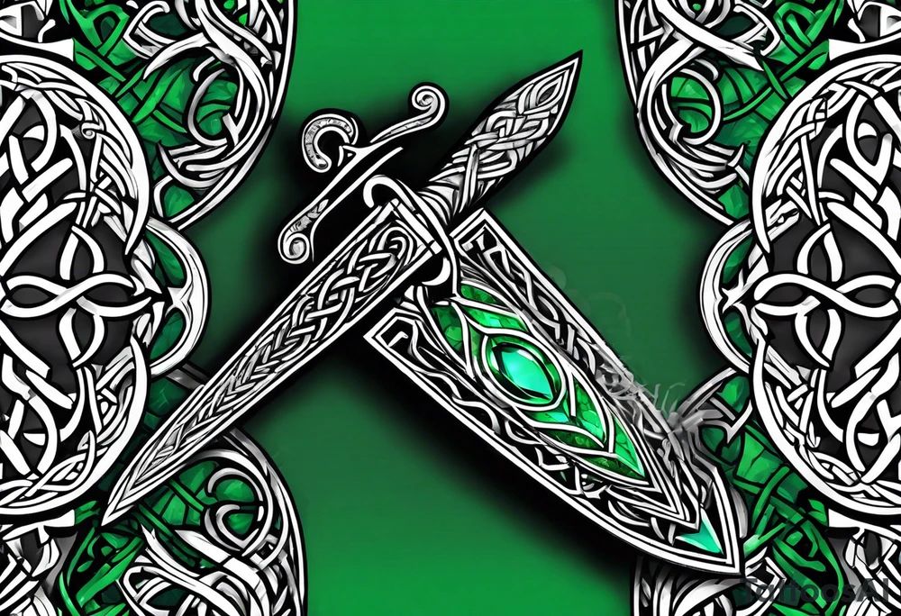 A Celtic dagger with an oak hilt turned upright and emerald gemstones on it tattoo idea