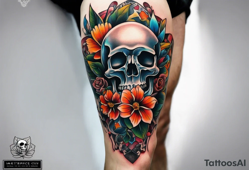 Old school center Knee tattoo with realistic skull, various flowers, water and fall colors tattoo idea