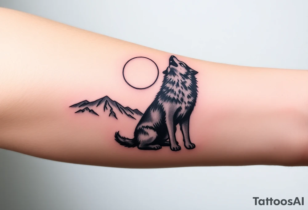 lone wolf howling at full moon with northern lights backdrop tattoo idea