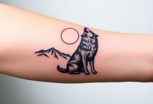 lone wolf howling at full moon with northern lights backdrop tattoo idea