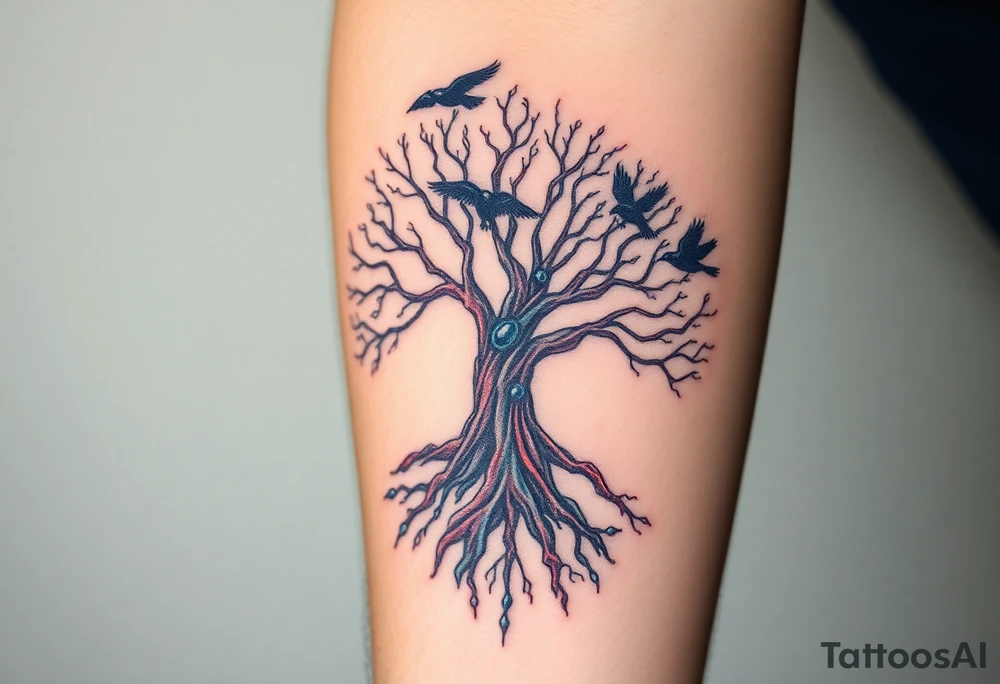 The Tree of Life, color infused, ravens flying around it, tattoo idea