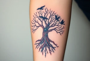 The Tree of Life, color infused, ravens flying around it, tattoo idea