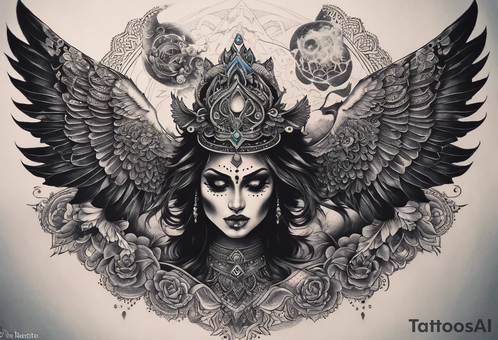 black kali, goddess pirate, alien, angel, pachamama, valkrye, warrior, flying, skull, lotus azul, wing, eagle, zenza resonance, stars, 5D, anahata chakra, death, durga, riding on a tiger, flying lady, chest tatoo tattoo idea