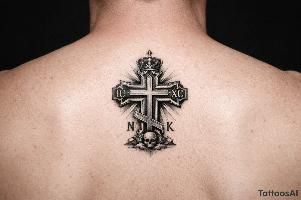 powerful serbian orthodox cross for ribs that later on can have children names incoportated later on, 15-25cm in height and with intricate details
 and black and grey fine detail


show more options tattoo idea