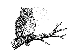 wise owl perched on ancient oak branch under starlit sky tattoo idea