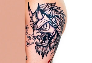 Ronin with smoke coming out of its mouth with 11b tattooed under its left eye with 1 poppy on each side of the ronin tattoo idea