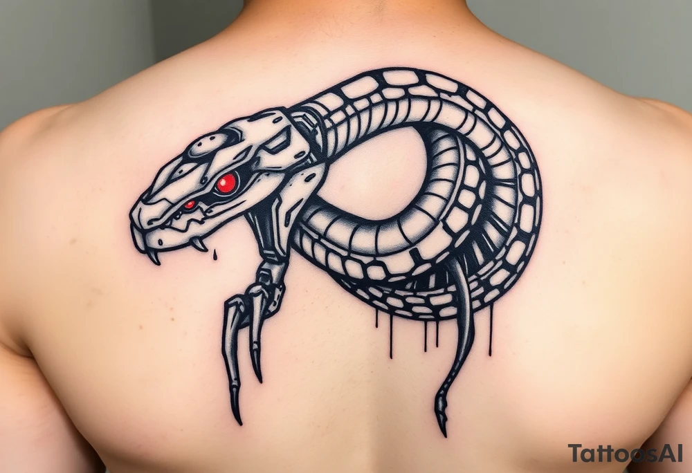 A Cybernetic Snake Biting Its Own Tail (Ouroboros Style)
The classic ouroboros but partially robotic, its fangs dripping neon coolant.
Could be wrapped around a futuristic engine or a broken motherboard.
Eyes flickering between red error codes and reptilian slits. tattoo idea