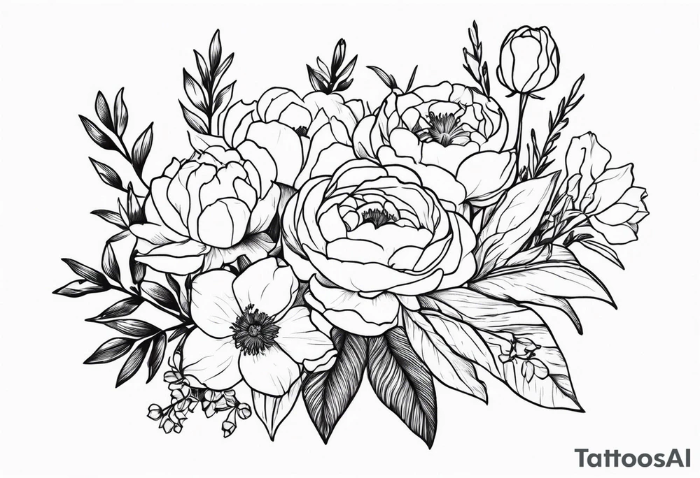 flower bouquet with a peony, larkspur, rose, and daffodil tattoo idea
