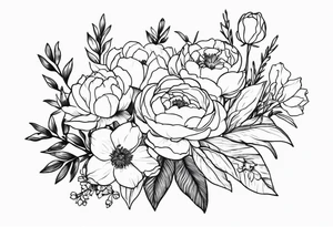 flower bouquet with a peony, larkspur, rose, and daffodil tattoo idea