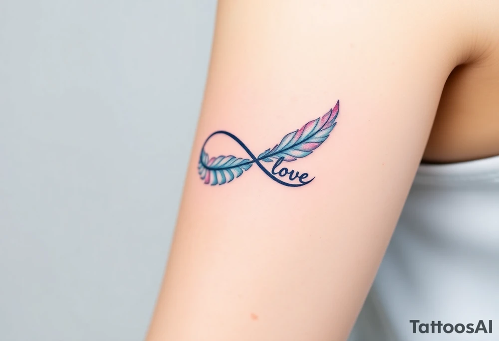 A feathered infinity symbol in shades of light blue and pink, with "Love" appearing as if softly whispered into the design tattoo idea