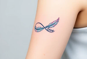A feathered infinity symbol in shades of light blue and pink, with "Love" appearing as if softly whispered into the design tattoo idea