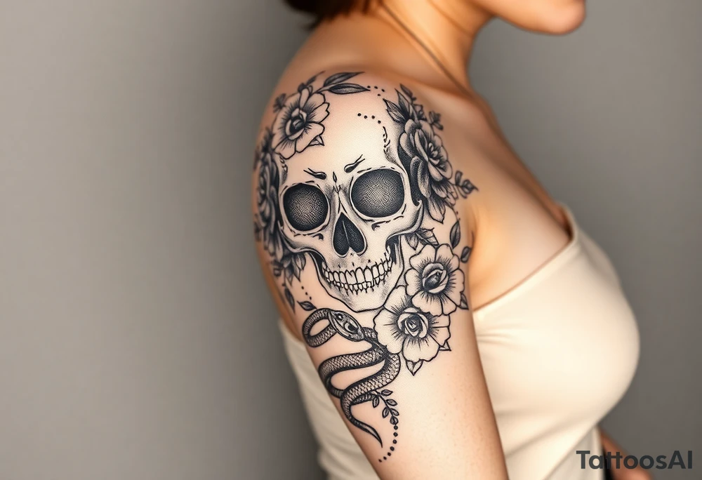 A half sleeve with Gothic pretty skull with heart shaped eyes surrounded by wildflowers and roses and a snake slithering through tattoo idea