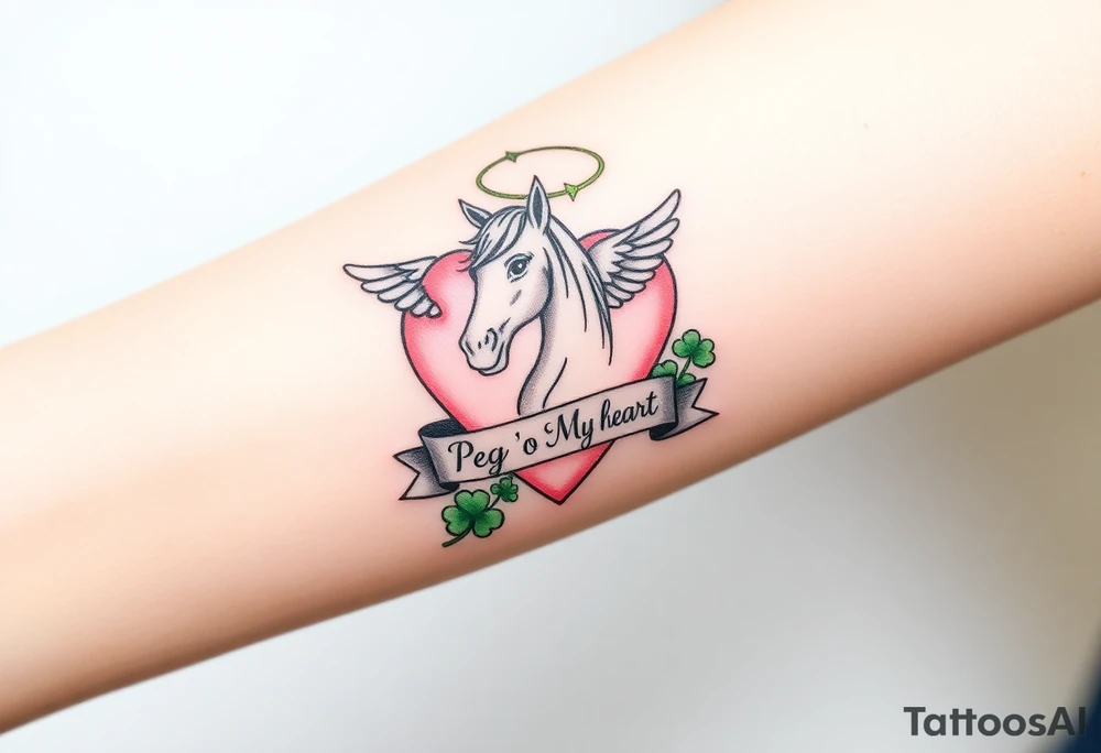 a big pale pink heart and a mare with wings and a halo and a bunch of green shamrocks, with a banner across the heart that says Peg 'o My Heart tattoo idea