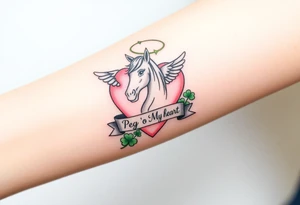 a big pale pink heart and a mare with wings and a halo and a bunch of green shamrocks, with a banner across the heart that says Peg 'o My Heart tattoo idea
