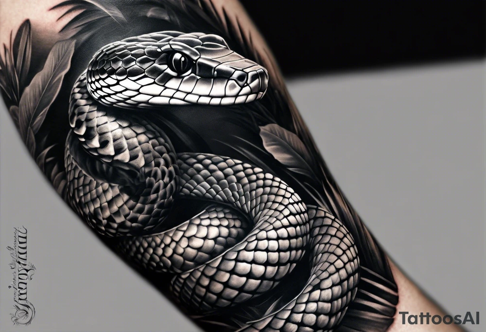 Black and grey realism with a western diamondback snake rainforest background for a forearm sleeve. Create the snake to have aggressive features, coiled and mouth open showing fangs tattoo idea