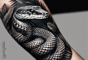 Black and grey realism with a western diamondback snake rainforest background for a forearm sleeve. Create the snake to have aggressive features, coiled and mouth open showing fangs tattoo idea