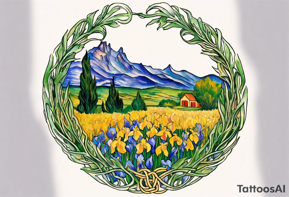 Create a small, delicate colorful Vincent van Gogh Irises tattoo in the form of a crescent, with vines or Celtic knots gracefully intertwining at a central point in the middle of the wreath.  In the middle of the wreath are mountains and other items found in New Mexico. Ensure that the design avoids the appearance of a bush and maintains a more structured and deliberate arrangement. The intended placement is on the upper chest. The overall design should be small in size while maintaining a delicate and artistic aesthetic. Pay attention to the graceful flow of the vines and the placement of the irises to achieve a refined and elegant look. tattoo idea