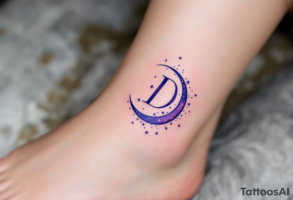 Moonlit D – A dreamy purple D with a crescent moon wrapped around it and stars dotted across its surface. tattoo idea
