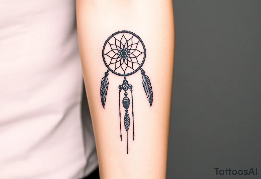 native dreamcatcher with flowing feathers and sacred beads tattoo idea