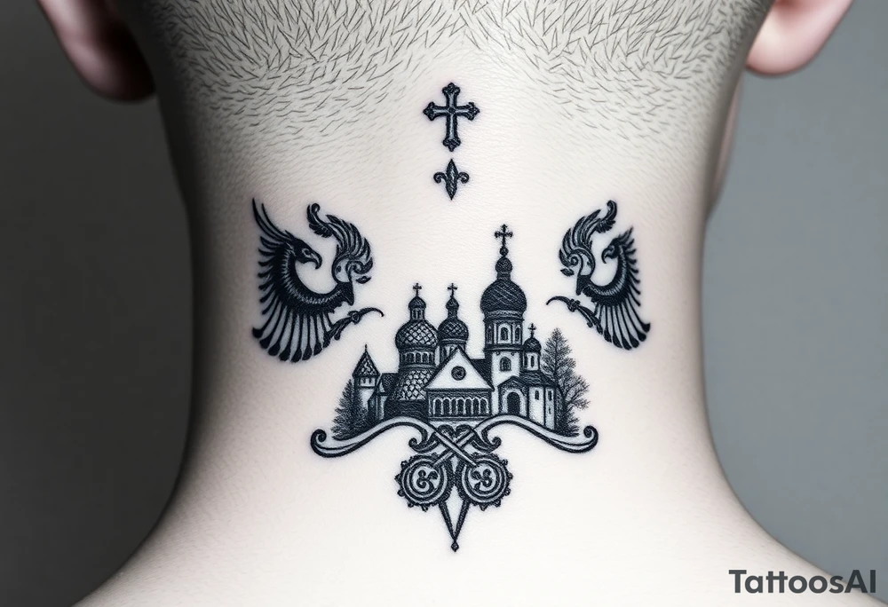Traditional authentic Russian coat of arms with a Christian orthodox virgin marry in the middle and silhouette in a Russian wilderness Christian orthodoxy dome church village setting tattoo idea