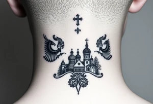 Traditional authentic Russian coat of arms with a Christian orthodox virgin marry in the middle and silhouette in a Russian wilderness Christian orthodoxy dome church village setting tattoo idea