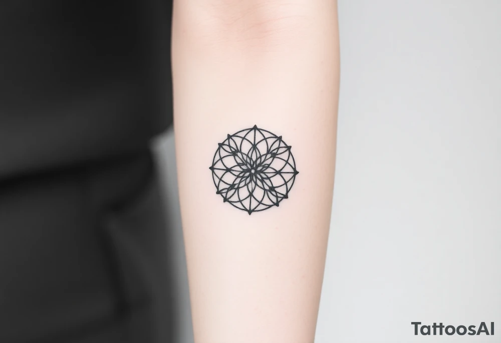 A minimalist black ink Flower of Life, centered on the forearm, with perfect geometric symmetry in cyrcle round tattoo idea