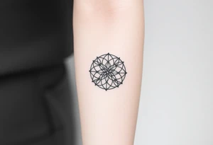 A minimalist black ink Flower of Life, centered on the forearm, with perfect geometric symmetry in cyrcle round tattoo idea