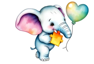 Baby elephant holding autism puzzle balloon tattoo idea